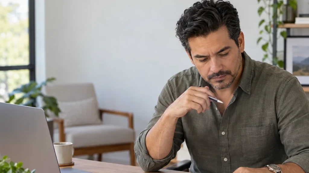 Hombre latino comparando dos propuestas de seguro de vida en su escritorio