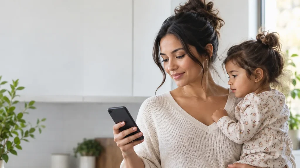 Madre latina con su hija pequeña revisando el celular en la cocina