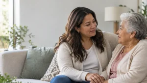 Mujer latina acompañando a su madre mayor en la sala de su casa